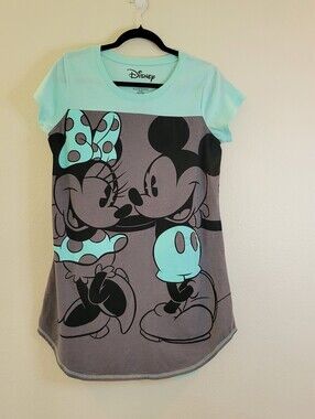 Disney Juniors' Aqua and Gray Mickey & Minnie Graphic Sleepshirt Size 15/17.